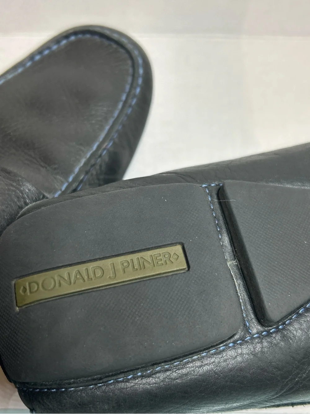 Donald J. Pliner Black Leather Penny Loafers with Blue Lining